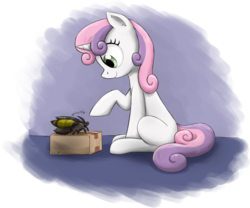 Size: 2384x1985 | Tagged: safe, artist:otakuap, sweetie belle, oc, oc:fluffy the bringer of darkness, moth, g4, angry moth noises, box, cute, diasweetes, hissing, moth noises, raised hoof, sitting, smiling