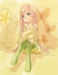 Size: 2270x2968 | Tagged: safe, artist:chingilin, fluttershy, human, g4, clothes, female, humanized, sitting, socks, solo, stockings, sweater, sweatershy