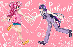 Size: 2350x1500 | Tagged: safe, artist:aoshima, pinkie pie, twilight sparkle, human, g4, blushing, breasts, clothes, cufflinks, cuffs (clothes), female, heart, humanized, lesbian, light skin, pixiv, ship:twinkie, shipping, sleeveless turtleneck