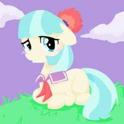 Size: 1280x1280 | Tagged: safe, artist:applexpie2, coco pommel, earth pony, pony, g4, cloud, female, grass, lineless, mare, prone, solo