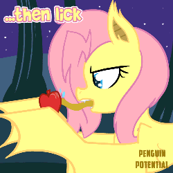 Size: 500x500 | Tagged: safe, artist:penguinpotential, fluttershy, bat pony, pony, bats!, g4, animated, apple, female, flutterbat, licking, race swap, solo, the grim adventures of billy and mandy