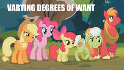 Size: 1920x1080 | Tagged: safe, edit, edited screencap, screencap, apple bloom, applejack, big macintosh, granny smith, pinkie pie, earth pony, pony, g4, pinkie apple pie, female, filly, male, mare, stallion, varying degrees of want