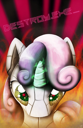 Size: 3300x5100 | Tagged: dead source, safe, artist:spiritofthwwolf, sweetie belle, pony, robot, unicorn, friendship is witchcraft, g4, epic, female, filly, fire, foal, glowing horn, horn, laser, solo, sweetie bot, text