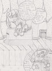 Size: 2222x3041 | Tagged: safe, artist:darkknighthoof, cheerilee, sweetie belle, earth pony, pony, unicorn, g4, black and white, bondage, book, chest, feather, female, filly, grayscale, hoof fetish, hoof tickling, hooves, mare, monochrome, sketch, stocks, tickle torture, tickling, underhoof