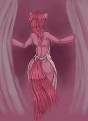 Size: 600x819 | Tagged: dead source, safe, artist:misukitty, pinkie pie, earth pony, semi-anthro, fanfic:cupcakes, g4, apron, back, bipedal, blood, butt, clothes, female, naked apron, partial nudity, pinkamena diane pie, plot, rear view, solo