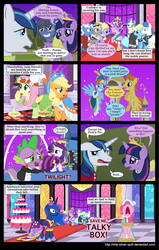 Size: 2000x3147 | Tagged: safe, artist:mlp-silver-quill, applejack, caesar, count caesar, eclair créme, fancypants, fluttershy, jangles, lyrica lilac, orion, pinkie pie, pokey pierce, princess cadance, princess luna, rainbow dash, rarity, shining armor, shooting star (character), spike, twilight sparkle, oc, oc:clutterstep, alicorn, pony, comic:a princess' tears, g4, comic, female, mane seven, mane six, mare, twilight sparkle (alicorn)