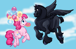 Size: 1374x886 | Tagged: safe, artist:bedupolker, pinkie pie, earth pony, pony, g4, balloon, blackjack, crossover, donut, floating, flying, frown, heroes of olympus, looking at each other, mouth hold, percy jackson and the olympians, smiling, spread wings, then watch her balloons lift her up to the sky, underhoof, unshorn fetlocks
