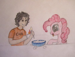 Size: 4320x3240 | Tagged: safe, artist:theweaveroftales, pinkie pie, g4, crossover, heroes of olympus, high res, leo valdez, marshmallow