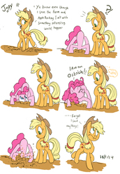 Size: 2179x3164 | Tagged: safe, artist:jowyb, applejack, pinkie pie, ostrich, g4, comic, dirt, dirty, faceplant