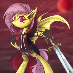 Size: 500x500 | Tagged: safe, artist:isa-isa-chan, fluttershy, bat pony, pony, bats!, g4, badass, bipedal, clothes, female, flutterbadass, flutterbat, race swap, solo, sword, weapon