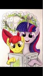 Size: 1080x1920 | Tagged: safe, artist:thefriendlyelephant, apple bloom, twilight sparkle, earth pony, elephant, pony, unicorn, g4, book, duo, imagination, jungle, traditional art, tree