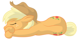 Size: 989x515 | Tagged: safe, artist:kukotte, applejack, g4, both cutie marks, female, simple background, sleeping, solo