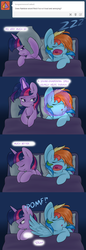 Size: 1280x3720 | Tagged: safe, artist:ambris, rainbow dash, twilight sparkle, alicorn, pony, ask twidash, g4, bed, comic, female, lesbian, magic, mare, pomf, ship:twidash, shipping, sleeping, snoring, tumblr, twilight sparkle (alicorn), twilight sparkle is not amused, unamused, wingboner, zzz