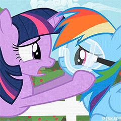Size: 240x240 | Tagged: safe, screencap, rainbow dash, twilight sparkle, g4, lesson zero, animated, cropped, duo, face grab, female, safety goggles, talking