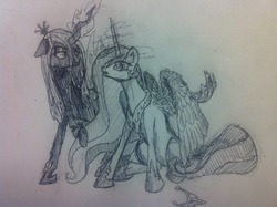 Size: 500x373 | Tagged: artist needed, safe, princess celestia, queen chrysalis, alicorn, changeling, changeling queen, pony, g4, crown, duo, female, mind control, sketch, traditional art