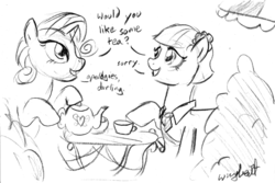 Size: 893x595 | Tagged: safe, artist:wingbeatpony, coco pommel, rarity, g4, dialogue, female, grayscale, lesbian, monochrome, ship:marshmallow coco, shipping, tea, tea party