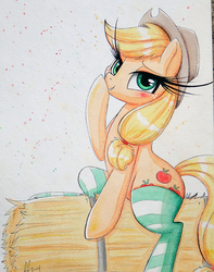 Size: 694x882 | Tagged: safe, artist:prettypinkpony, applejack, earth pony, pony, g4, blushing, clothes, female, hay, hay bale, impossibly long eyelashes, long eyelashes, mare, sitting, solo, thigh highs