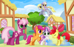 Size: 1275x815 | Tagged: safe, artist:ctb-36, apple bloom, carrot top, cheerilee, derpy hooves, dinky hooves, golden harvest, scootaloo, sweetie belle, pegasus, pony, g4, cutie mark crusaders, dinky riding derpy, equestria's best daughter, equestria's best mother, female, flying, hose, mare, playing, ponies riding ponies, puddle, riding, splashing, tree
