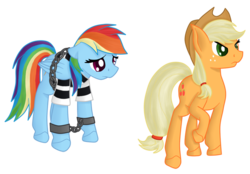 Size: 800x558 | Tagged: safe, artist:timid tracks, applejack, rainbow dash, earth pony, pegasus, pony, g4, bound wings, chains, clothes, duo, duo female, female, mare, prison outfit, prison stripes, prisoner, prisoner rd, sad, shackles, simple background, transparent background