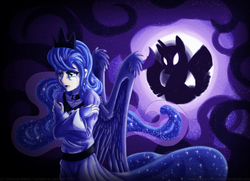 Size: 900x653 | Tagged: safe, artist:inuhoshi-to-darkpen, princess luna, human, g4, crying, glowing eyes, humanized, light skin, mare in the moon, shadows, silhouette, winged humanization