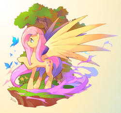 Size: 2000x1873 | Tagged: safe, artist:tomycase, fluttershy, butterfly, pegasus, pony, g4, cute, dirt cube, female, gradient background, impossibly large wings, large wings, mare, raised hoof, shyabetes, smiling, solo, spread wings, tree, wings