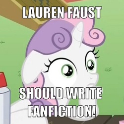 Size: 500x500 | Tagged: safe, edit, edited screencap, screencap, sweetie belle, g4, ponyville confidential, cropped, female, floppy ears, hoof on chin, image macro, lauren faust, meme, solo, sudden clarity sweetie belle