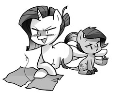 Size: 3000x2300 | Tagged: safe, artist:kianamai, rarity, oc, oc:crystal clarity, dracony, hybrid, original species, pony, kilalaverse, g4, black and white, child, daughter, female, filly, foal, grayscale, implied pregnancy, interspecies offspring, mare, monochrome, mother, mother and child, mother and daughter, needle, next generation, offspring, parent:rarity, parent:spike, parents:sparity, preggity, pregnant, sewing, simple background, story included, translated in the comments, white background