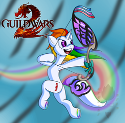 Size: 1588x1555 | Tagged: safe, artist:brother orin, bow (weapon), clean, guild wars 2, rainbow, rainbow hair, solo, the dreamer, weapon