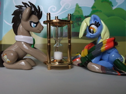 Size: 4288x3216 | Tagged: safe, artist:deadheartmare, derpy hooves, doctor whooves, time turner, earth pony, pegasus, pony, g4, accessory swap, clothes, female, hourglass, male, mare, scarf, sculpture, stallion