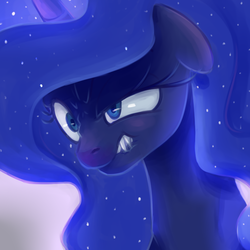 Size: 700x700 | Tagged: safe, artist:dzmaylon, princess luna, g4, angry, ears back, fangs, female, glare, lip bite, raised eyebrow, sharp teeth, solo