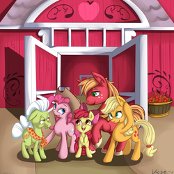 Size: 5000x5000 | Tagged: safe, artist:vicse, apple bloom, applejack, big macintosh, granny smith, pinkie pie, earth pony, pony, g4, pinkie apple pie, absurd resolution, apple, male, stallion