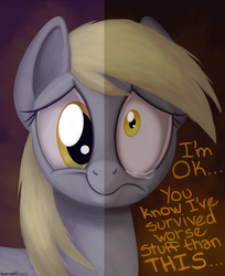 Size: 654x800 | Tagged: safe, artist:julianwilbury, derpy hooves, pegasus, pony, two sided posters, g4, crying, depressed, depression, female, frown, mare, sad, shrunken pupils, solo, two sides, wide eyes
