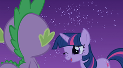 Size: 1054x592 | Tagged: safe, screencap, spike, twilight sparkle, g4, owl's well that ends well, wink