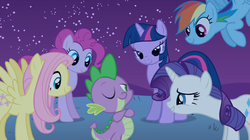 Size: 1054x592 | Tagged: safe, screencap, fluttershy, pinkie pie, rainbow dash, rarity, spike, twilight sparkle, g4, owl's well that ends well, mane seven, mane six, out of context, spike gets all the mares, swag