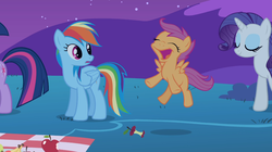 Size: 1054x592 | Tagged: safe, screencap, rainbow dash, rarity, scootaloo, g4, owl's well that ends well, face, off model