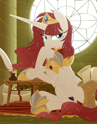 Size: 2500x3188 | Tagged: safe, artist:equestria-prevails, oc, oc only, oc:fausticorn, alicorn, pony, beautiful, lauren faust, lyrics in the comments, quill, regalia, scroll, solo