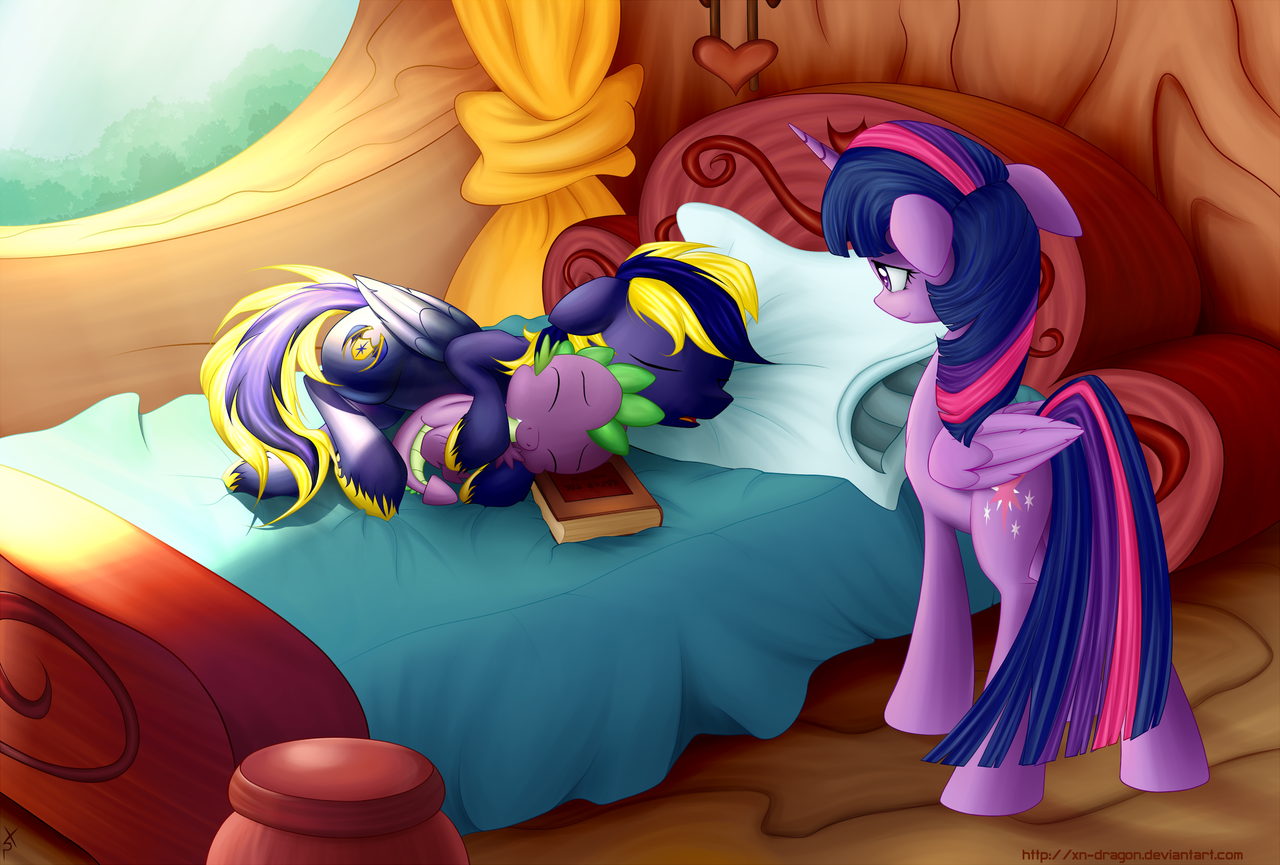 526435 - safe, artist:xn-d, spike, twilight sparkle, oc, oc:zephyr,  alicorn, pony, canon x oc, cuddling, female, mare, sleeping, snuggling,  spikelove, twilight sparkle (alicorn), twiphyr - Derpibooru