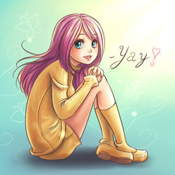 Size: 800x800 | Tagged: safe, artist:ninjaham, fluttershy, human, g4, clothes, cute, female, humanized, light skin, looking at you, open mouth, shoes, shyabetes, sitting, socks, solo, sweater, sweatershy, yay