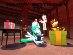 Size: 1024x768 | Tagged: safe, oc, oc only, oc:lust mint, oc:pure note, 3d, birthday, gmod, team fortress 2