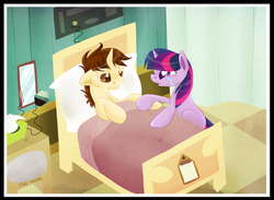 Size: 1024x751 | Tagged: safe, artist:blackfreya, twilight sparkle, spiders and magic: rise of spider-mane, g4, bed, crossover, crossover shipping, crying, female, male, peter parker, ponified, shipping, spider-man, spidertwi, straight, tears of joy