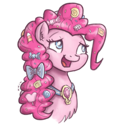 Size: 777x800 | Tagged: safe, artist:king-kakapo, pinkie pie, earth pony, pony, g4, alternate hairstyle, bow, bust, candy, chest fluff, element of laughter, female, fluffy, food, head, lollipop, portrait, solo