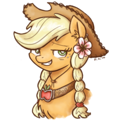 Size: 777x800 | Tagged: safe, artist:king-kakapo, applejack, earth pony, pony, g4, alternate hairstyle, braid, bust, chest fluff, ear fluff, element of honesty, female, flower, flower in hair, fluffy, grin, head, looking at you, portrait, simple background, smirk, solo
