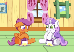 Size: 1248x883 | Tagged: safe, artist:artiecanvas, scootaloo, sweetie belle, pegasus, pony, unicorn, g4, diaper, duo, female, filly, foal, non-baby in diaper, poofy diaper, urine, wet diaper