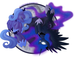 Size: 1700x1284 | Tagged: safe, artist:falleninthedark, princess luna, g4, crying, cute, duality, eyes closed, filly, glowing eyes, grin, jaws, s1 luna, self ponidox, spread wings, the fun has been doubled, woona