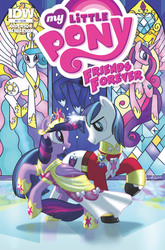 Size: 922x1400 | Tagged: source needed, safe, artist:amy mebberson, idw, princess cadance, princess celestia, princess luna, shining armor, twilight sparkle, alicorn, pony, unicorn, friends forever, g4, spoiler:comic, bbbff, brother and sister, clothes, comic, comic cover, cover, crown, dress, female, horn, horns are touching, jewelry, male, mare, regalia, siblings, stained glass, stallion, twilight sparkle (alicorn)