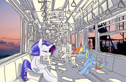 Size: 1817x1181 | Tagged: safe, artist:yachimata, rainbow dash, rarity, pegasus, pony, unicorn, g4, city, cityscape, pixiv, sitting, train