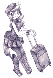 Size: 825x1200 | Tagged: safe, artist:yachimata, rarity, anthro, g4, beatnik rarity, beret, clothes, female, hat, luggage, pixiv, solo, suitcase, traditional art