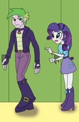 Size: 1650x2550 | Tagged: safe, artist:bico-kun, rarity, spike, werewolf, equestria girls, g4, blushing, boots, clothes, collar, female, fingerless gloves, gloves, goatee, jeans, leather jacket, lockers, male, older, older spike, school, ship:sparity, shipping, skirt, straight