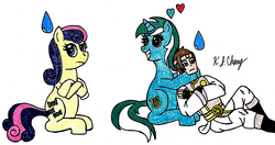 Size: 1013x536 | Tagged: safe, artist:stealthninja5, bon bon, lyra heartstrings, sweetie drops, earth pony, human, pony, unicorn, g4, bionicle, bon bon is not amused, crossover, female, humie, lego, male, mare, takanuva, traditional art, trio