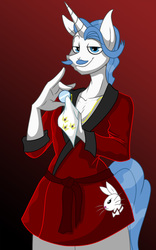 Size: 958x1536 | Tagged: safe, artist:lil miss jay, angel bunny, fancypants, unicorn, anthro, full service playing cards, g4, bathrobe, bottomless, clothes, male, playboy bunny, solo